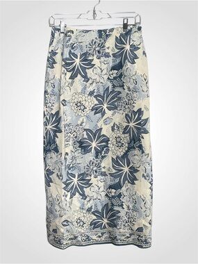 Talbots Blue & White Hawaiian Floral Midi Linen Blend Wrap Skirt Size 10